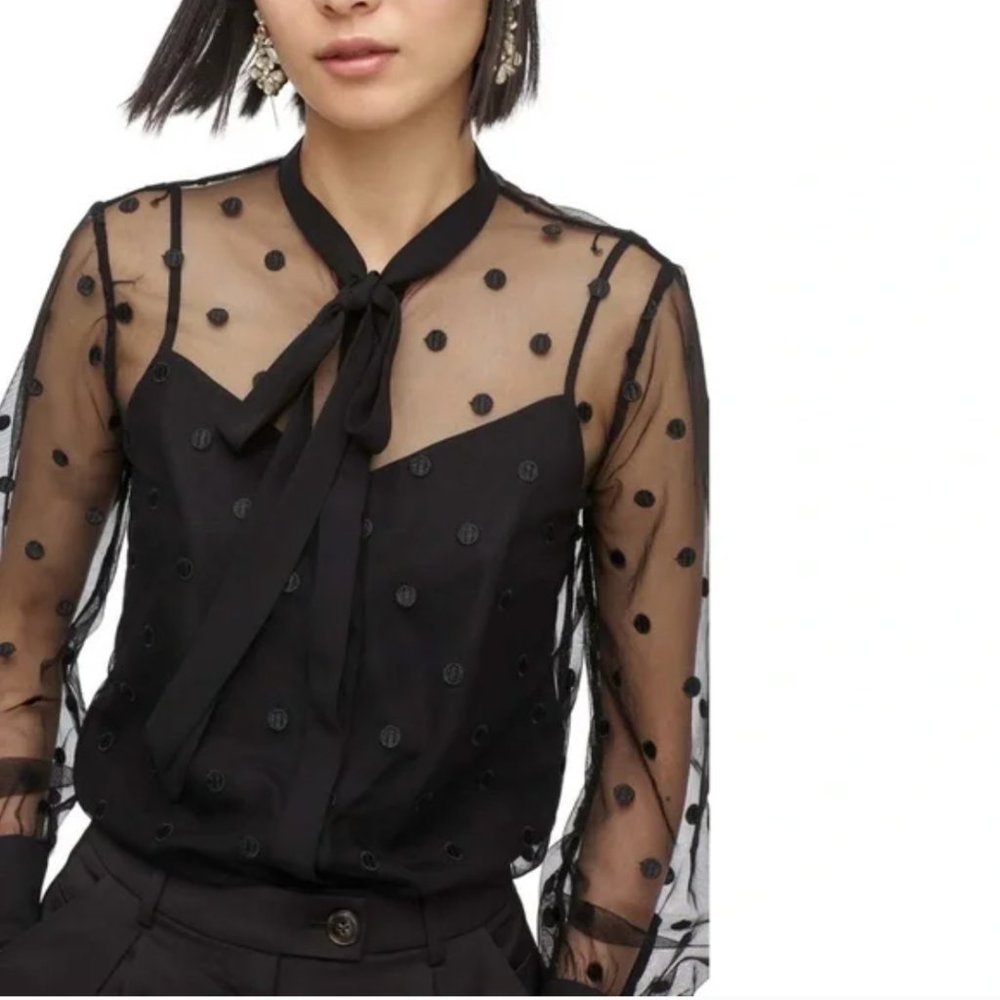 J. Crew | Black tie-neck blouse in sheer tulle with embroidered dots